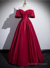 Burgundy Satin Puff Sleeve Prom Dress